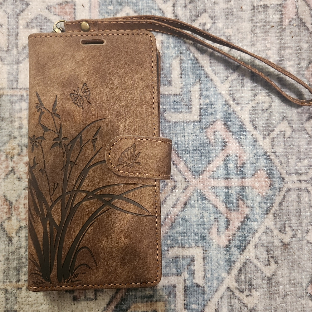 Brown Faux Leather Phone Case with Butterfly Design